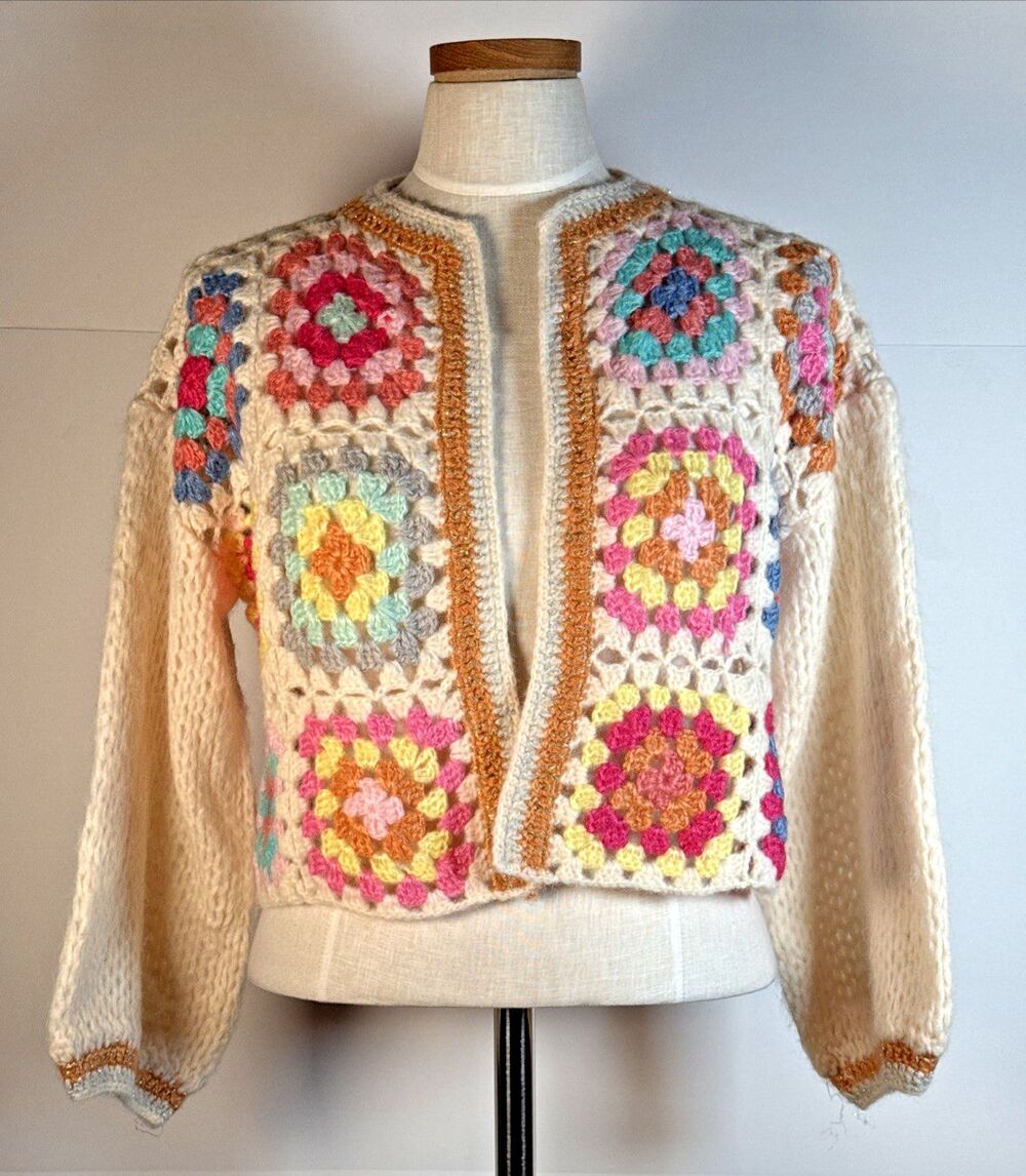 Sunday Up Granny Square Crochet Cardigan Oversized Boho Knit Sweater Small